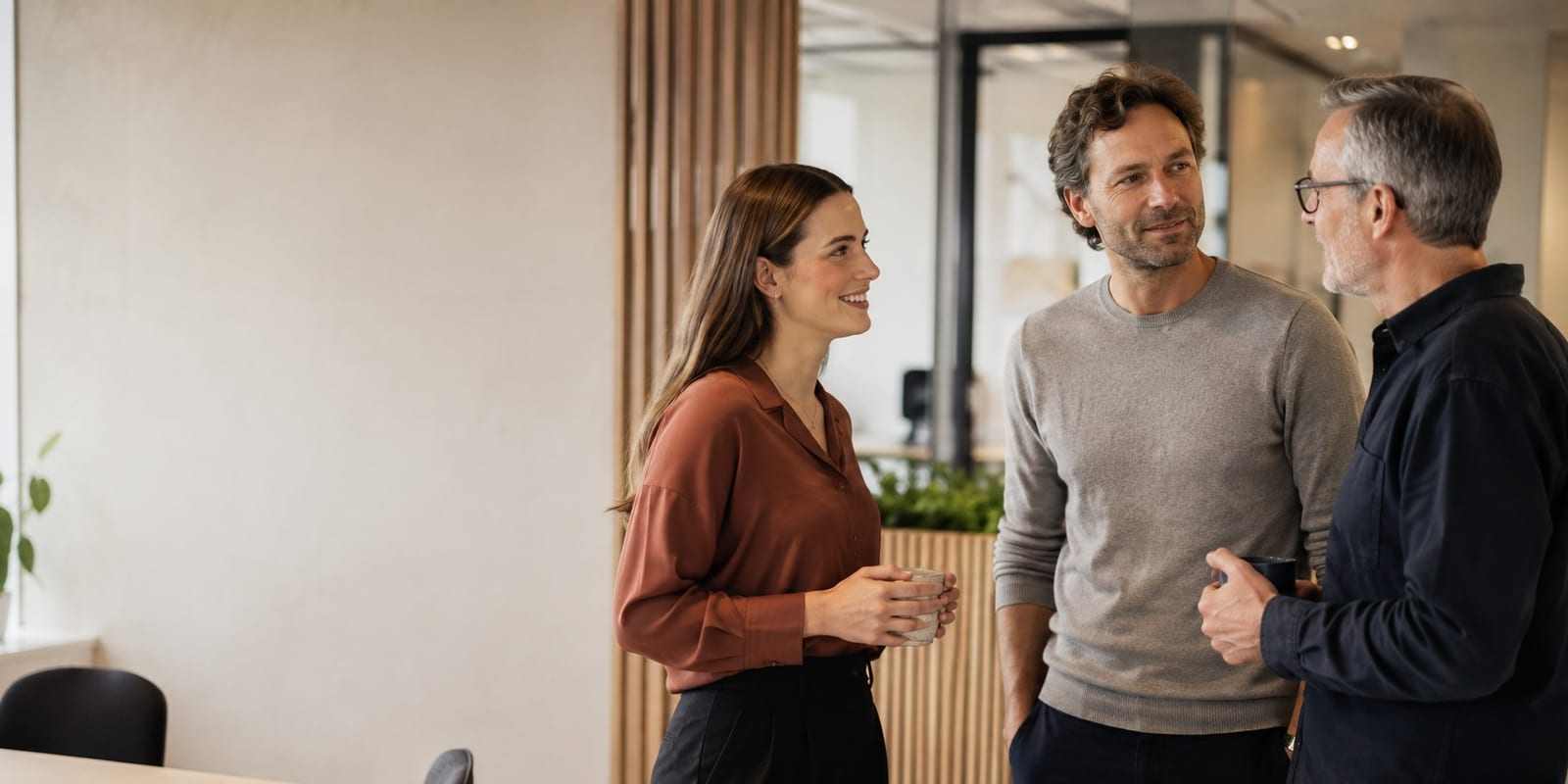 Drei Kollegen stehen im Büro beisammen und unterhalten sich.