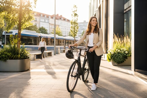 Eine Frau schiebt ihr Fahrrad über einen Platz in der Stadt, im Hintergrund eine Straßenbahn.