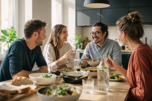 Vier Personen essen gemeinsam an einem Küchentisch, auf dem Schüsseln, Teller und Brot stehen.