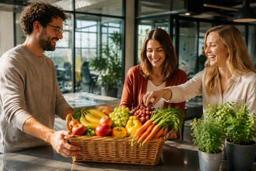 Drei Kolleginnen und Kollegen stehen im Büro um einen Korb mit frischem Obst und Gemüse.