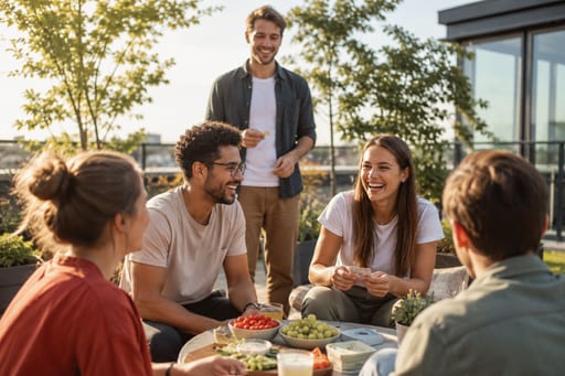 Eine Gruppe sitzt am Abend auf einer begrünten Dachterrasse beisammen, vor sich Schalen mit Obst.