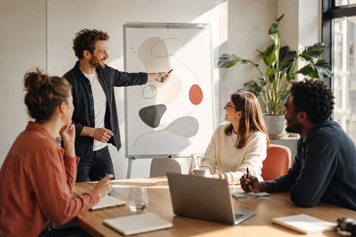 Ein Kollege erklärt etwas am Flipchart, vier weitere sitzen am Besprechungstisch und hören zu.