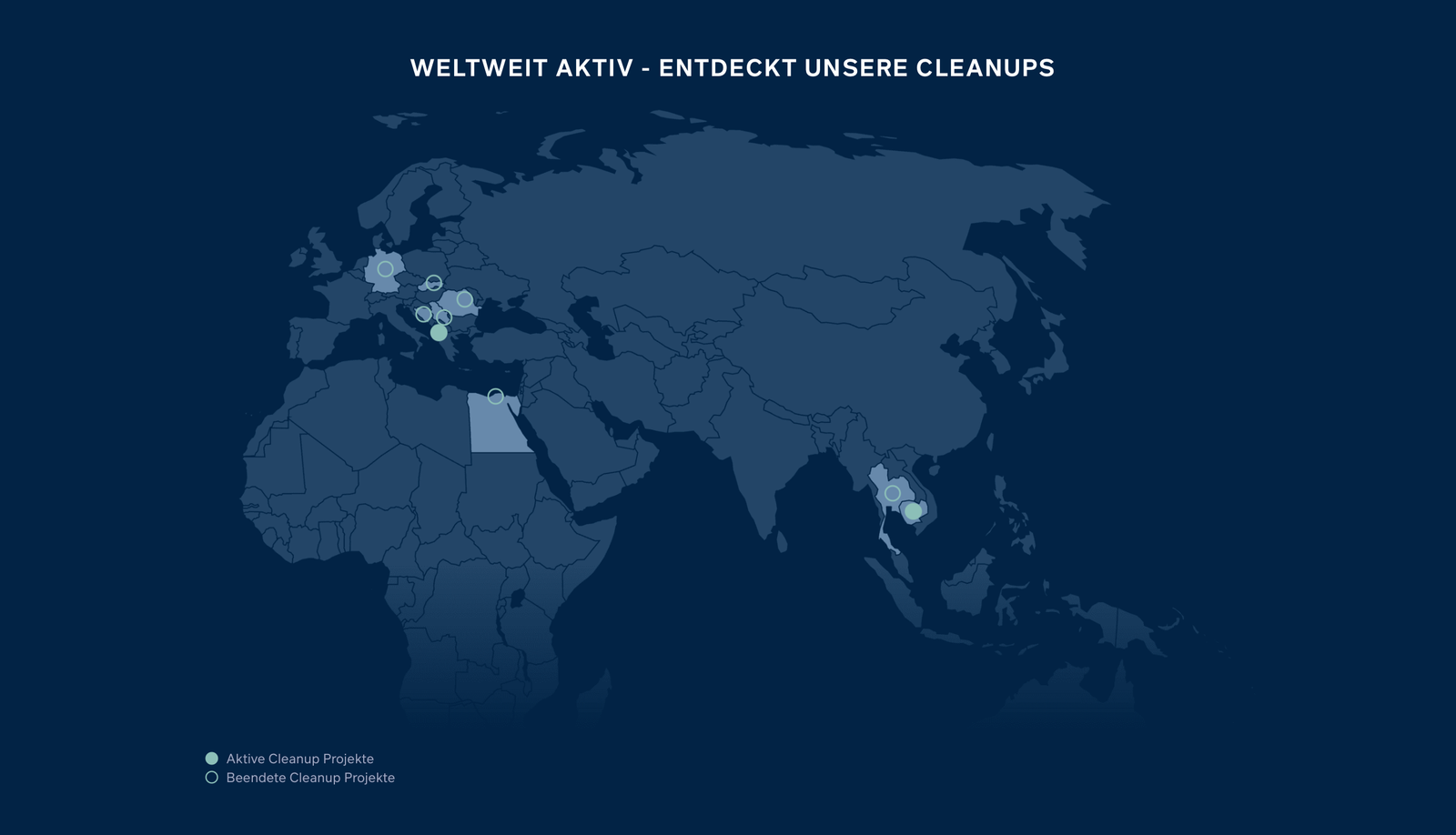 Weltkarte mit den Einsatzorten der everwave-Cleanups in Europa, Nordafrika und Südostasien.
