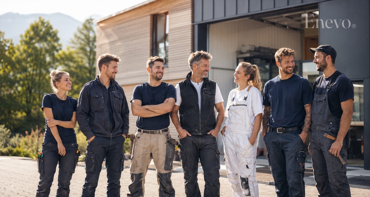 Eine Gruppe von Handwerkerinnen und Handwerkern steht vor einem Betriebsgebäude.