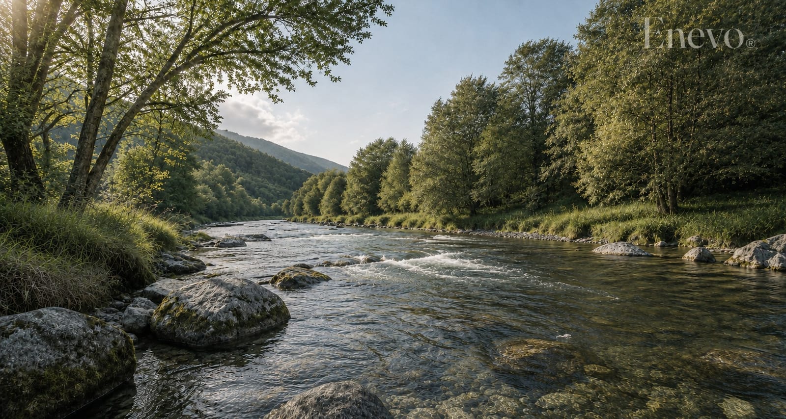 Klarer Fluss mit Kiesbett, gesäumt von Bäumen und Wiesen.