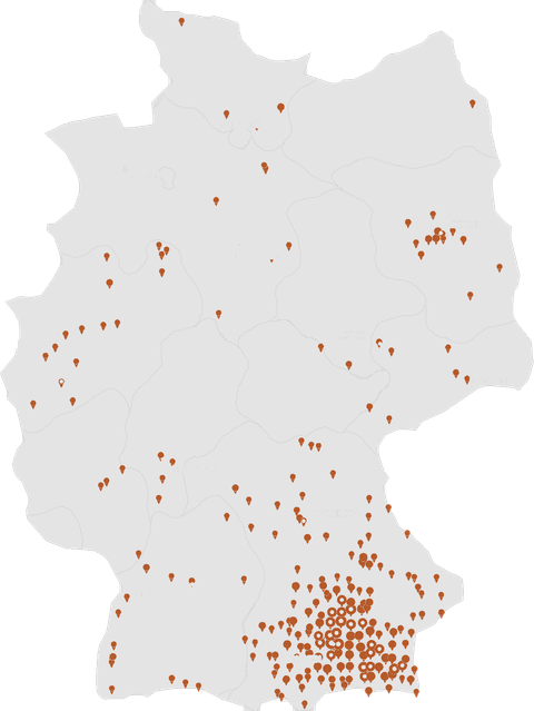Karte von Deutschland mit den Regionen, in denen Enevo Unternehmen begleitet. Punkte über das ganze Land verteilt, am dichtesten in Südbayern.