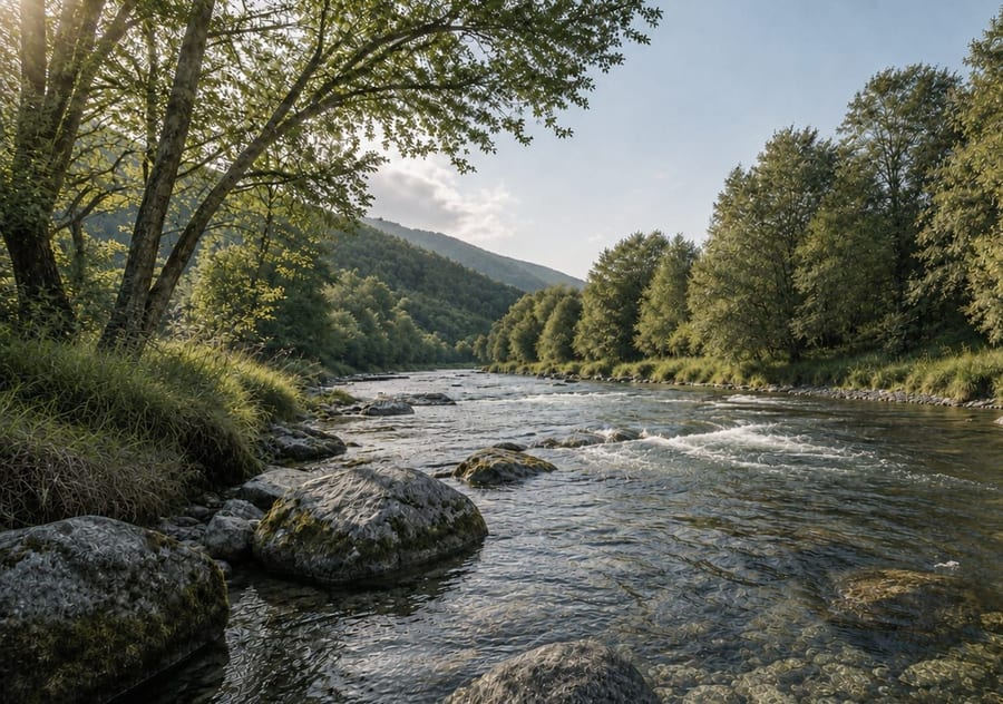 Klarer Fluss mit Kiesbett, gesäumt von Bäumen und Wiesen.