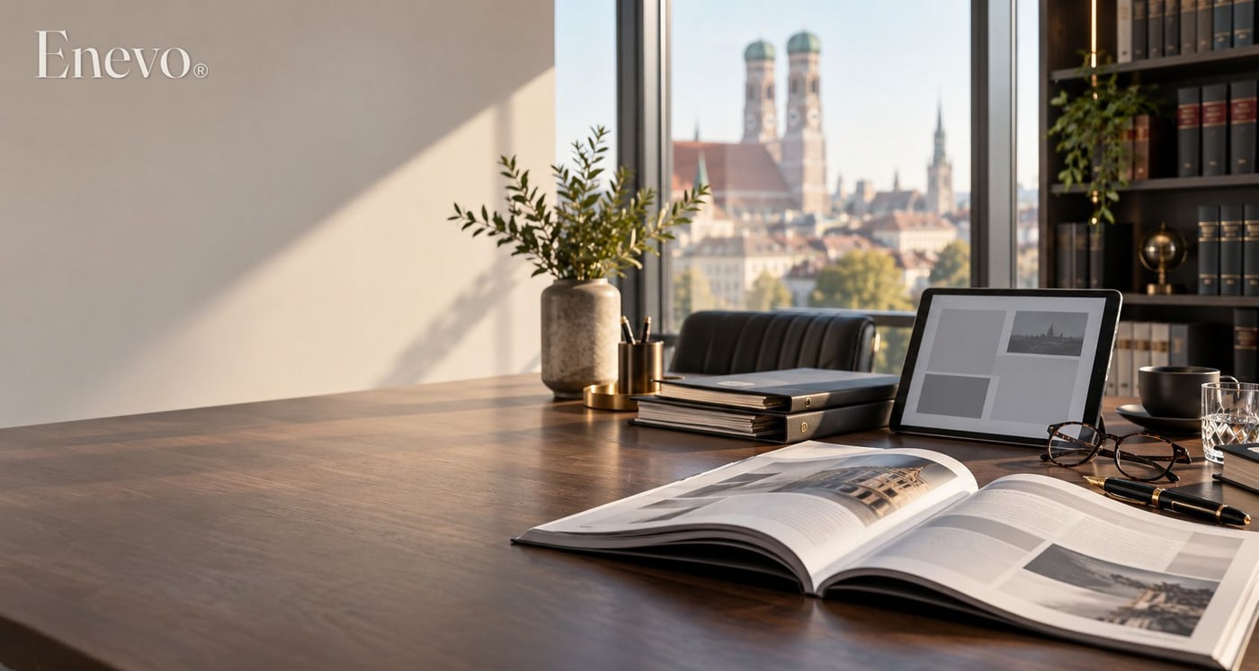 Aufgeschlagenes Magazin und Aktenordner auf einem Schreibtisch, im Fenster die Münchner Frauenkirche.