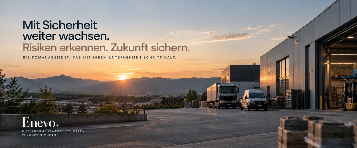 Schaubild: Der Hof eines Betriebs bei Sonnenuntergang. Vor einer offenen Halle stehen ein Lastwagen und ein Transporter, im Hintergrund liegt eine Bergkette. Die Überschrift lautet: Mit Sicherheit weiter wachsen. Risiken erkennen, Zukunft sichern. Risikomanagement, das mit Ihrem Unternehmen Schritt hält.