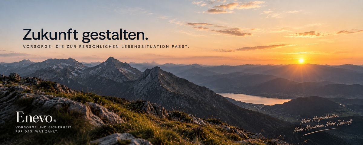 Schaubild: Blick von einem Berggrat über eine Kette von Gipfeln hinweg auf einen See im Tal, am Horizont steht die Sonne tief. Die Überschrift lautet: Zukunft gestalten. Vorsorge, die zur persönlichen Lebenssituation passt.